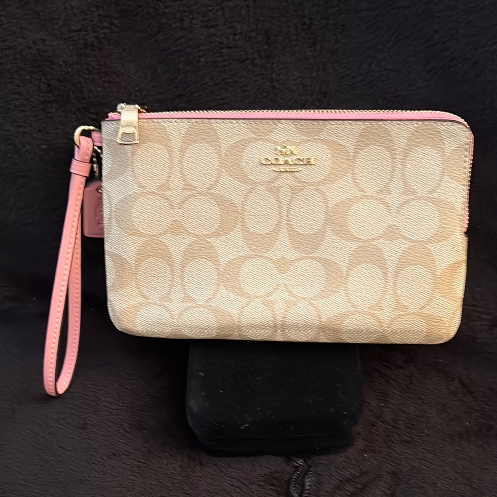 Coach Cream and Pink Clutch with Signature Monogram